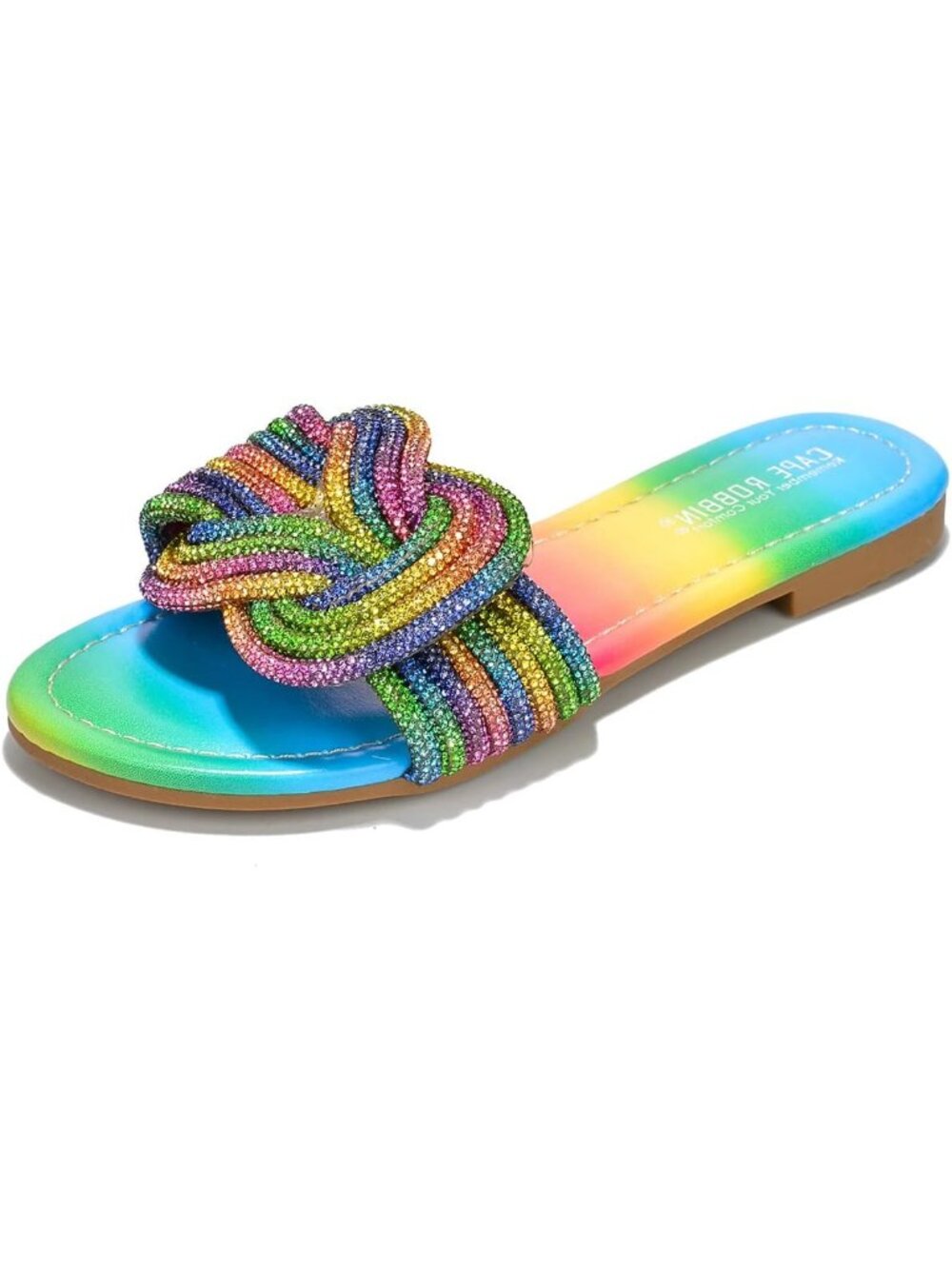 Women's Rainbow Summer Glitter Dressy Open-Toe with Rhinestone Knot Flat Sandal